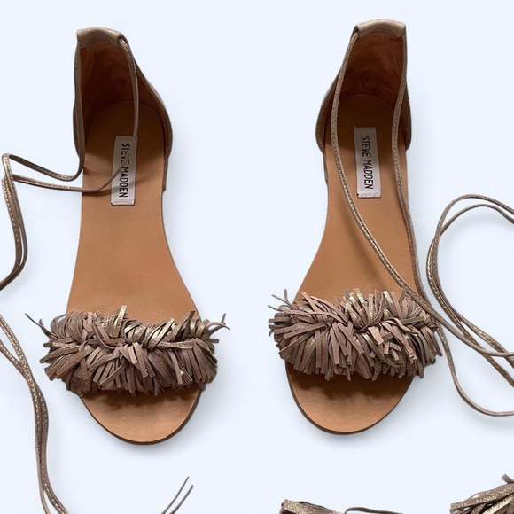 Steve Madden Sweety gold beige fringe lace up sandals Size US 7.5 - Picture 6 of 6